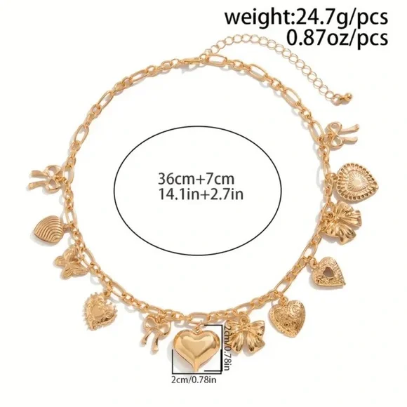 Chunky Heart Charm Necklace; Silver Color Heart Link Chain Valentine's Day - Picture 3 of 3